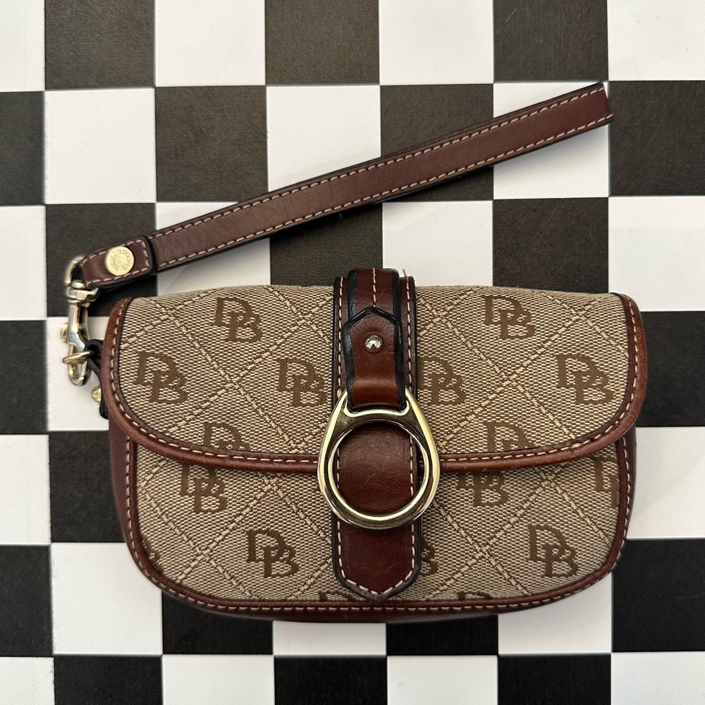 DOONEY AND BOURKE BROWN MONOGRAM LOGO WRISTLET WALLET POUCH